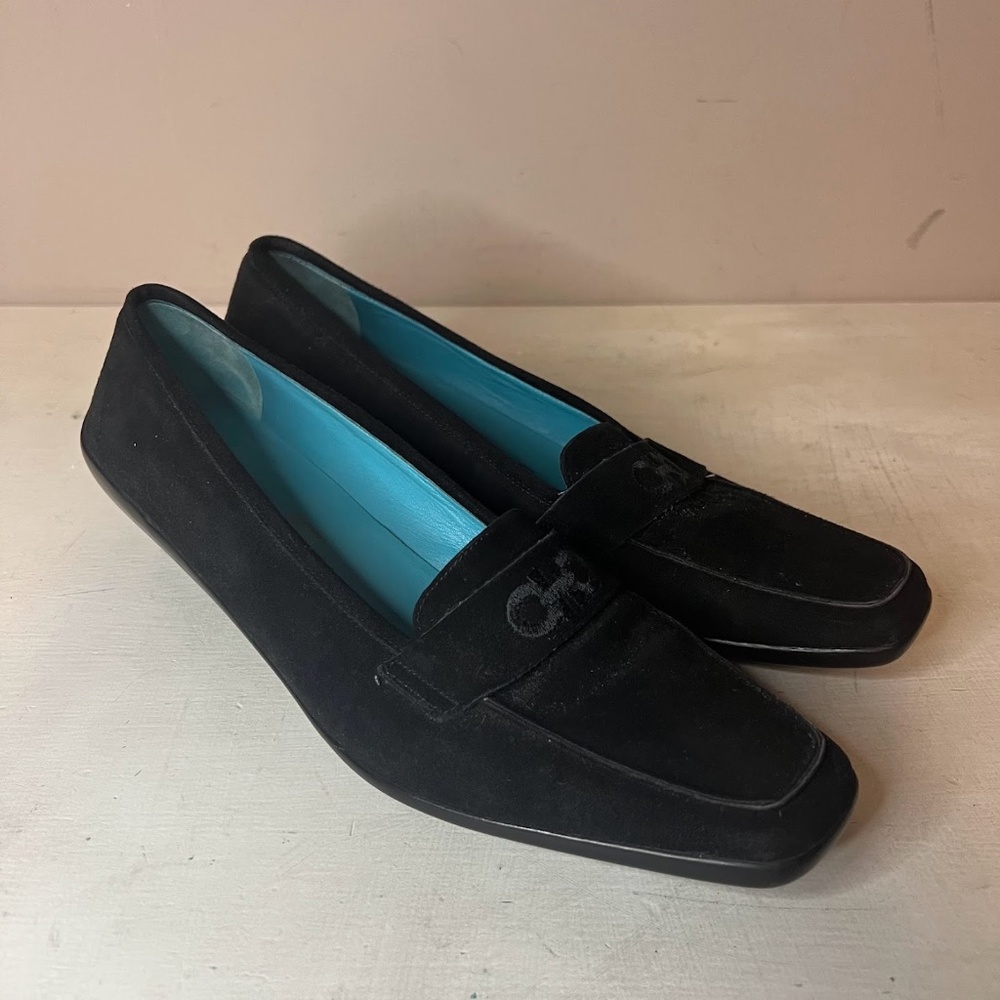 Salvatore Ferragamo Black Suede Leather Low Heel Pumps Square Toe 10 AA